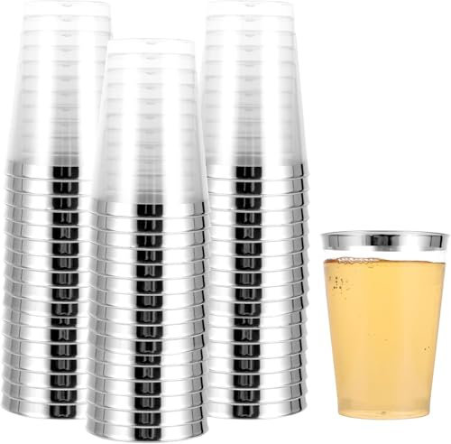 FWEEK 50 Stück Plastikbecher, 360ml/12oz Transparent Partybecher mit Silberrand, Partybecher aus Kunststoff für Cocktail, Champagner, Bier, Getränk, Dessert