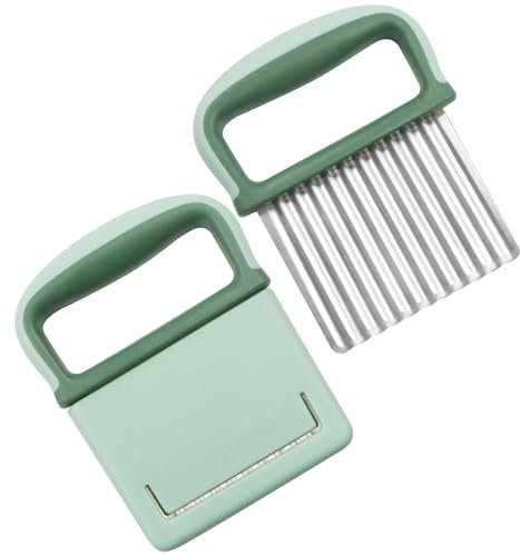YIWONFU 2 Stück Kartoffel Wellenschneider mit Schutzhülle, Edelstahl Wellenmesser mit Rutschfest Griff, Welliges Design Pommesschneider für Gemüse, Salat, Obst, Pommes und Butter (Grün)