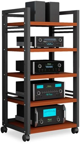 KUANGGE HiFi Stand 5-Tier Movable AV Media Stand Component Cabinet, Living Room CD Player Stand And Stereo Rack Audio Tower with Height Adjustable Wooden Shelf for Home/Office/Theater(A)
