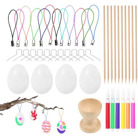 Ostereier zum Aufhängen – Eierfarben Ostern Set mit 25 Weißem Kunststoff-Eiern, DIY-Zubehör und Malwerkzeugen, Plastik Ostereier zum Aufhängen draußen