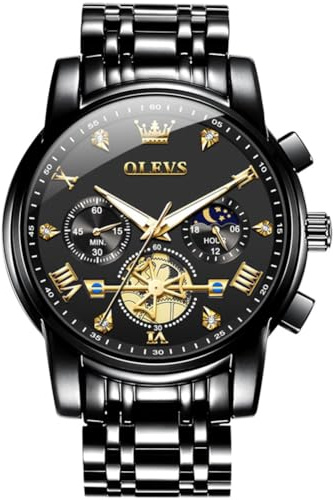 OLEVS Watches for Men Big Face All Black Stainless Steel Chronograph Watch for Men Classic Luxury Diamond Analog Quartz Men's Dress Watch Roman Numerals Tourbillon Waterproof Luminous Mens Watches