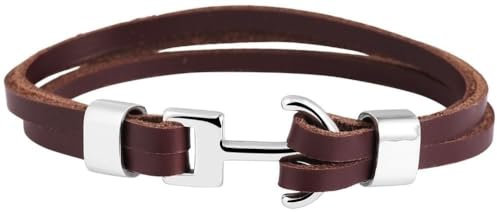 LS-LebenStil Design Lederarmband 23cm List Anker Zweifach Anker Braun Echt-Leder Armband genarbt Edelstahl Verschluss Echtlederarmband Schmuckarmband Herrenarmband Geschenk Zweireihig