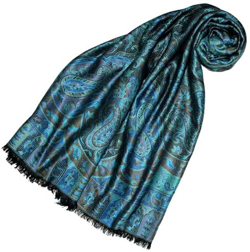 Lorenzo Cana Luxus Seiden - Schaltuch XXL 120 cm x 120 cm, jacquard gewebt aus 100% Seide Paisley Stola Tuch Pashmina Seidentuch Blau Türkis 78671