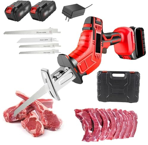 Sierra Eléctrica para Huesos y Carne, Sierra de Hueso de Carnicero Mano Profesional con Cuchilla, Máquina Cortadora de Sierra de Huesos Inalámbrica para Madera/Metal/Plástico Enhance 2 Batteries