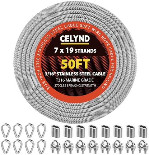 CELYND Stainless Steel Cable for Railing - 50FT 3/16 T316 Wire Rope - 7 x 19 Strands 3700 LBS Breaking Strength with Clamps Thimbles and Crimping Sleeves for Outdoor Deck Railing DIY Projects