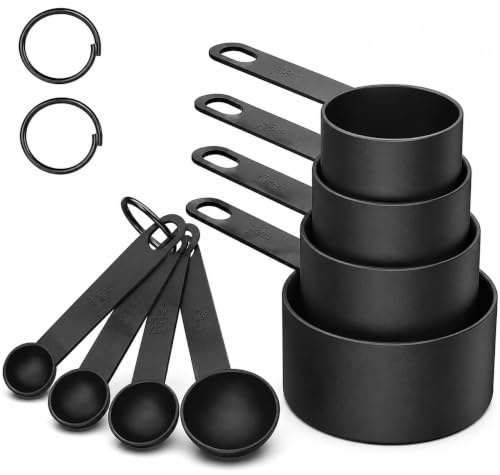 10-Piece Measuring Cup and Spoon Set, Stackable Plastic Accurate Tablespoon for Measuring Dry,Baking, Cooking,and Liquid Ingredients Small Teaspoon with Plastic Head (Black)