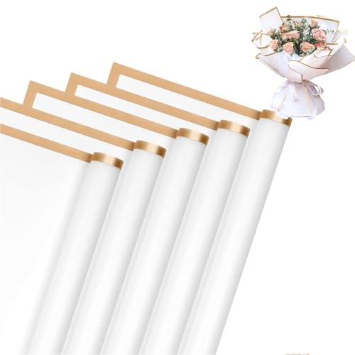 Trrrioosy 20 Blatt Blumenstrauß Geschenkpapier Wasserdicht Gold Rand Floral Bouquet Geschenkpapier Floristenbedarf Geschenkverpackungspapier für Kunst DIY Handwerk Blumenladen (Weiß)