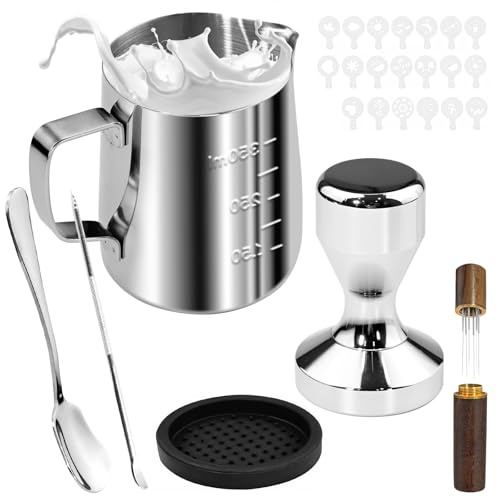 Kaffee Tamper 51mm Set - Espresso Tamper Set 22pcs, Espresso Tampers Zubehör mit 350ml Edelstahl Milchkännchen und Latte-Art-Stift 16x Kaffee-Schablone, Matte, Reinigungstuch für Cafes Kaffeeliebhaber