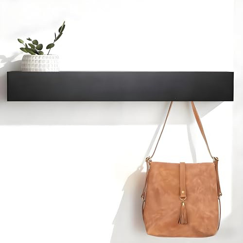 HSUYUN Perchero de Pared con Estante, 60 cm Gancho Perchero, Moderno Colgador de Pared Para Abrigos con 7 Ganchos Ocultos, Perchero Pared Negro para Entrada, Salón y Dormitorio