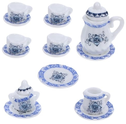 UKCOCO Miniature Set de Thé Porcelaine Bleue avec Fleurs Accessoires Maison Poupée Service à Thé Vintage pour Décoration et Jeu Imitation