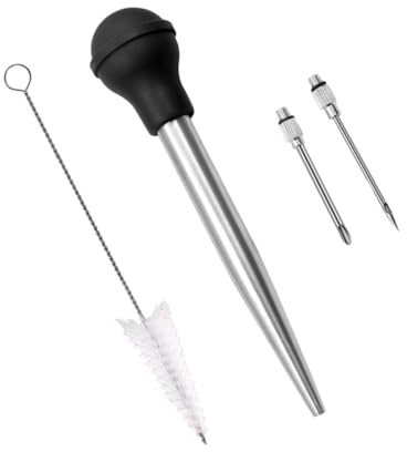 Angoily Edelstahl Bbq Gewürzspritze mit Flexiblem Silikon pumpenkopf und Reinigungsbürste für Truthahn Marinade Braten und Grillen bei Partys und Outdoor Barbecue