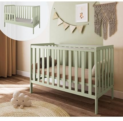 zee Bambi Mint 2in1 Babybett 120x60 cm mit Schutzbarriere Klassisches Gitterbett 3-Fach Höhenverstellbar Kinderbett mit Beißschutz & zu Juniorbett umbaubar