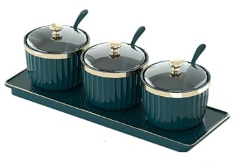 Scatola portaoggetti con cucchiaio e coperchio trasparente, organizer per spezie per armadio da cucina, piano di lavoro, set di contenitori ermetici per alimenti da 32/42 cm (3 griglie verde scuro)