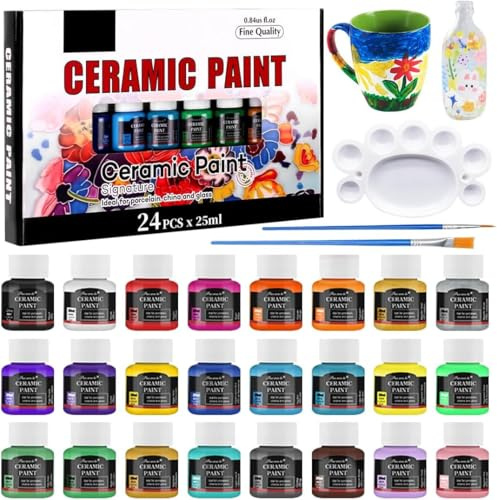 MIUUIPI Juego de 24 pinturas para porcelana, 25 ml, cerámica para hornear, juego de pintura con 1 paleta de pintura y 2 pinceles de pintura, color porcelana apto para lavavajillas, ideal para pintar