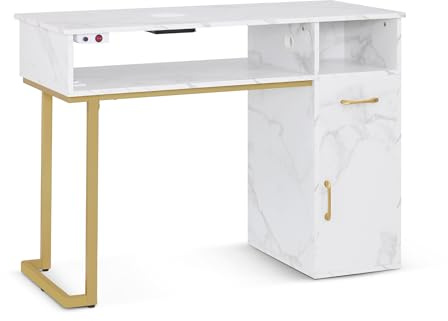 BarberPub Mesa de manicura con cajón y Armario, Mesa para uñas con Ventosa, 3 enchufes, tocador para uñas de Madera, Escritorio para salón de manicura,2491