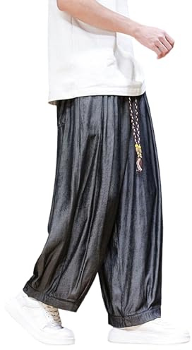 Pantaloni Hakama da Uomo, vestibilità Ampia, Modello Harem, Vita Elasticizzata, Casual, Cropped, Neri, Taglia L