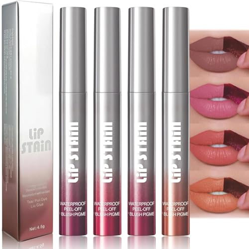 Lip Stain Peel Off, 4 Colors Long Lasting Waterproof Peel Off Lip Stain, Non-stick Cup Matte LipTint, Liquid Lipstick for Women