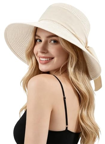 Hittriu Straw Sun Hats for Women, Foldable Bowknot Straw Hat, Wide Brim Straw Summer Hat, for Beach Travel Holiday