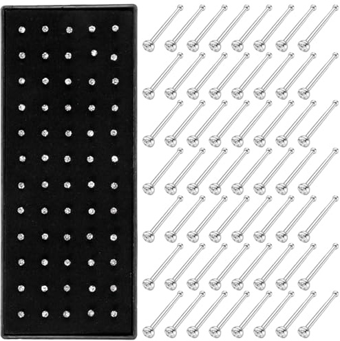 Xyembu 60 Stück Nasenpiercing Stecker, Edelstahl Nasenstecker, Stecker Hypoallergen Cubic Zirkonia Nasenstecker, Silber Nase Stecker mit Strass Gerade, Fake Körper Piercing Schmuck (1,5 mm)
