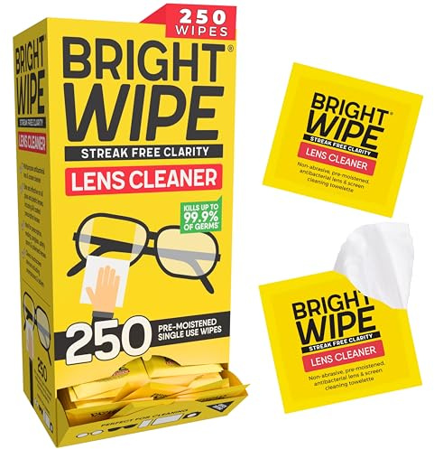 BRIGHTWIPE Lens Cleaner, 250 Individually Wrapped Glasses Wipes – Streak-Free Cleaning for Eye Glasses, Spectacles, Screens, Laptops, Phones & Cameras – Quick-Drying, Safe for All Lenses