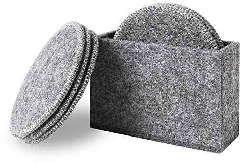 Qyoubi Drink Coasters Set of 6 with Holder - Light Gray Round Water Absorption Felt Mat, Prevent Furniture from Dirty and Scratched, Suitable for Kinds of Mugs and Cups, 3.94 Inches Diameter