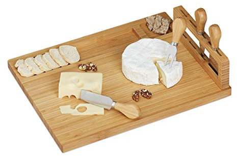relaxdays 10028826 Käsebrett mit Besteck, Käseplatte mit Käsegabel und-Messer aus Edelstahl, Bambus Käsescheidenbrett, Natur