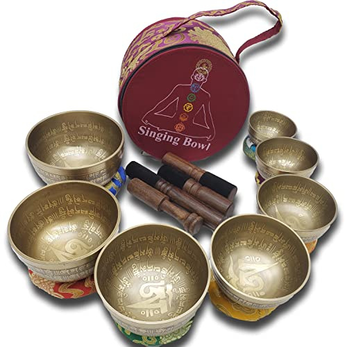 Khusi Tibetan singing bowls chakra sets, hand carved buddha mantra and symbol, sets of seven divine sound bowl.