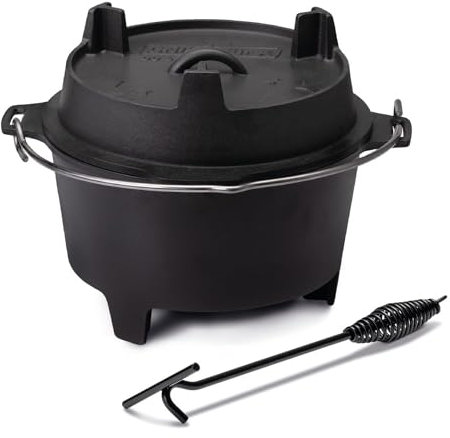 Grillfürst Dutch Oven Set ca. 6 Liter - stabil stehender Feuertopf durch spezielle T-Füße, hitzebeständiger Gusseisen Topf, Deckel als Pfanne nutzbar, DO 6 inkl. Deckelheber 35cm
