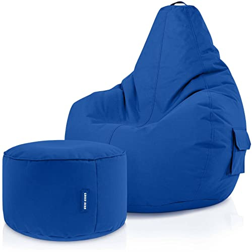 Green Bean 2er Set Sitzsack mit Rückenlehne + Hocker rund - Gaming Chair, EPS-Perlen Füllung, Waschbar, Wetterfest - Gemütlicher Lounge SitzHocker rund für Indoor und Outdoor in Blau