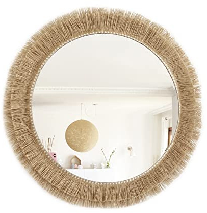 Handgefertigte Spiegel-Wanddekoration aus natürlicher Jute mit Fransen - MIRROR JUTE II