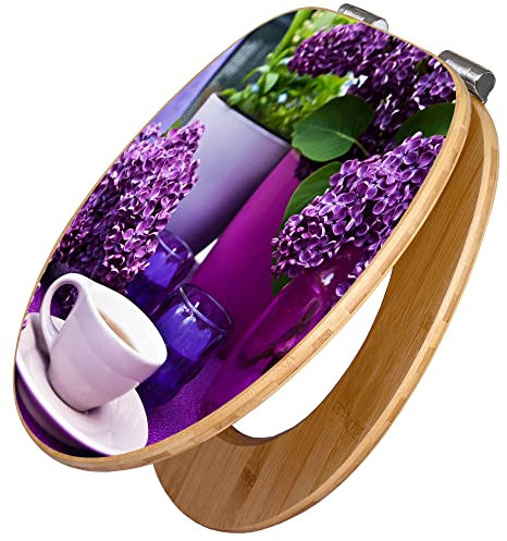 banjado Design WC Sitz Bambus Absenkautomatik 45,8x37,5cm / Toilettendeckel mit Absenkautomatik Holz/hochwertiger Bambus Klodeckel/WC-Sitz für gängigen Toiletten/Motiv Flieder