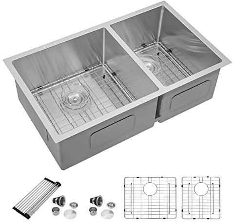 Dcolora 33 Inch Undermount Double Bowl Kitchen Sink 60/40 Split 16 Gauge 304 Stainless Steel Large Double Sinks, 33x19x10 Rounder Corner, DC-U7730