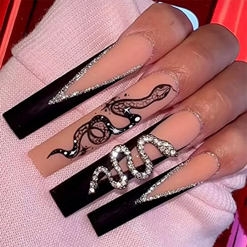 JUSTOTRY 24 Stück Sarg Nägel Zum Aufkleben Lang mit Snake,Schwarz French Künstliche Nägel,Glitter Ballerina Kunstnägel Press on Nails,Coffin Fingernägel Fake Nails Mittel für Frauen