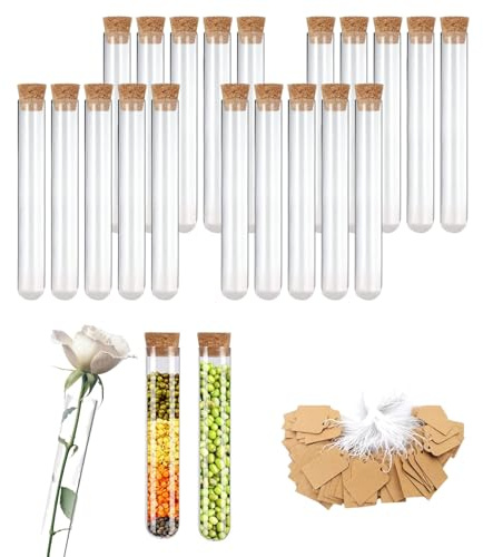Tubos de Ensayo,Dancepandas 20PCS 25 * 150mm Tubos de Ensayo Plastico Probetas Plastico Tarros para Chuches Flores, Incluye Tapones de madera y Etiqueta