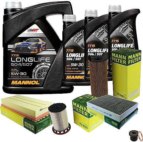 EISENFELS Filter Set Inspektionspaket erstellt mit 8 L Motoröl MANNOL Longlife 504/507 5W-30, MANN-FILTER Ölfilter, Luftfilter, Innenraumfilter, Kraftstofffilter, Verschlussschraube