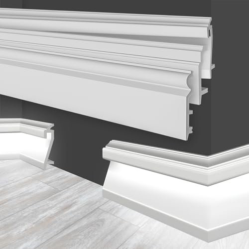 MARBET DESIGN LED Sockelleisten weiß HDPS Kunststoff - 2 Meter Fußleisten Profil indirekte Beleuchtung Fußbodenleisten Abschlussleisten Boden Leisten (HF-3 109x22 mm, 2 Meter)