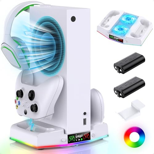 FYOUNG Cooling Stand & Charger Station for Xbox Series S, Upgrade Controller Charging Dock Accessories with 15 RGB LED Light, Cooler Fan System, 2X 1400mAh Rechargeable Battery, Headset Hook-White