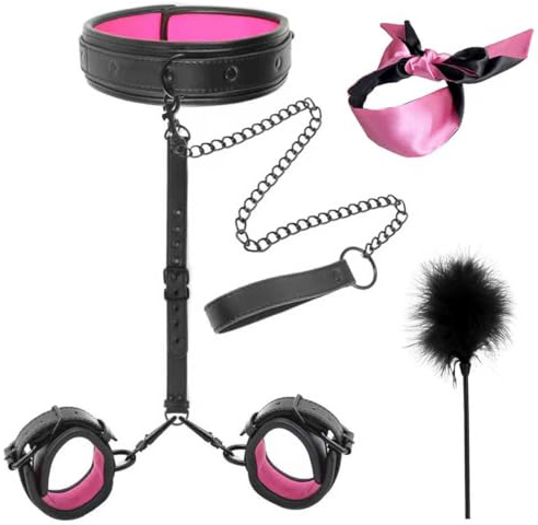 BDSMJOY 5-in-1 Menottes Sexy érotique Kit Bondage,Kit BDSM avec PU Menottes Sex Lit + Collier BDSM + Oeillères Sexe,BDSMs Set Accessoires SexToys Homme Couple,BDSMs Jouets Esclave Extrême (Rose)