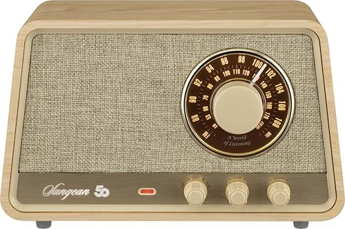 SANGEAN WR-101 Premium Retro-Radio mit FM/AM, Bluetooth, AUX, bleuchteter und dimmbarer Frequenz-Anzeige, Echtholz-Gehäuse, Vintage Walnuss (Weisse Eiche)