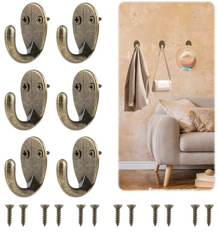 BIVOFU 6PCS Ensemble de Crochets Antiques en Laiton et Bronze Pour Décoration Rétro et Fonctionnelle Crochets Simples Bronze Muraux Patère Ton Crochets Ovales Pour Porte Manteau, Serviettes, et Plus.
