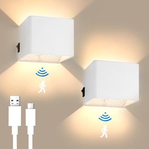 GeyouLux 2 Stück 3000mAh Akku Wandleuchte mit Bewegungsmelder Innen | 5W Aufladbare Wandleuchte Innen Ohne Stromanschluss mit 3 Modi 3000K Wandlampe Innen Akku für Flur Wohnzimmer Schlafzimmer