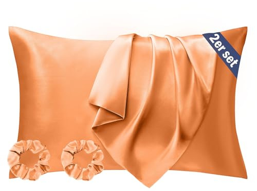 Seiwohl Satin Kissenbezug 40 x 80 2er Set, Weich wie Seidenkissenbezug Silk Pillowcase, Vegane Seide Kopfkissenbezug Kissenhülle Seidenkopfkissen für Haar und Haut mit 2 Haargummis, Orange