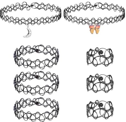 Andibro 8 Stück Elastische Halskette Set, Schmetterling Stretch Tattoo Choker Kette mit Armbänder und Ringe Damen Anhänger Schmuck Gummi Halsband Vintage 90er jahre Accessoires für Mädchen Teenager