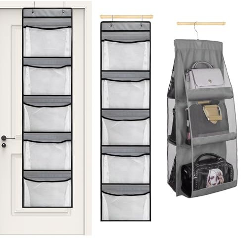 FINEASY 3 Stück Hängeorganizer, Handtaschen Organizer Hängend, Hängeaufbewahrung Über der Tür mit 5 Großen Taschen und 2 Haken, Doppelseitige Handtaschen Aufbewahrung mit 6 Großen