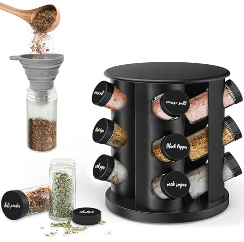 IPEB Rotating Spice Rack Organizer with 12 Spice Jars Revolving Stainless Steel Seasoning Rack with Stickers and Folding Funnel for Countertop or Cabinet, Black
