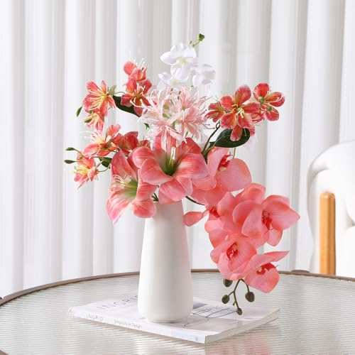Veryhome Artificial Flowers in Vase, Faux Flowers with Vase Fake Orchid Bouquet for Table Centerpiece Decorations Wedding, Party Office Bathroom Dining Kitchen Home Decor(Red)