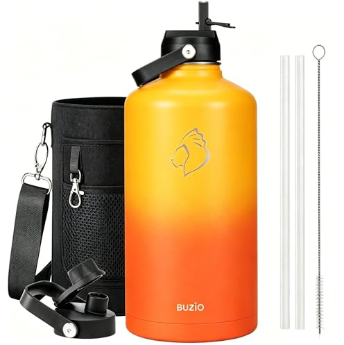 BUZIO 3.7L Insulated Water Bottle Stainless Steel with Straw & Spout Lid | Big Metal Water Gallon, Keeps Cold 48 Hrs Hot 24 Hrs, Leakproof Drink Bottles, BPA-Free, for Gym, Travel, Sports
