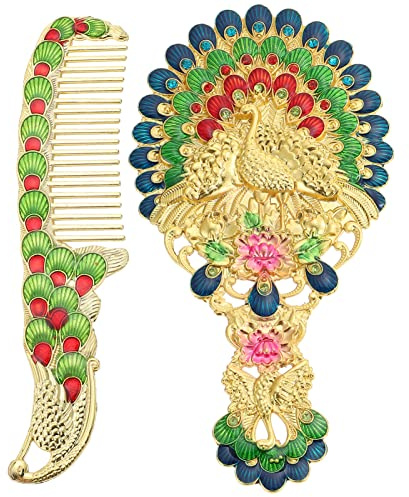 DRESSOOS Espejo De Maquillaje Retro De Mano con Patrón De Pavo Real y Peine Espejo Cosmético Elegante y Portátil Ideal para Viajes y Uso Diario