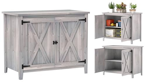 Outsunny Gartenschrank Holz, 110x60x88,5cm Gerätehaus, Geräteschuppen mit Ablagen, Doppeltüren, Gartenhaus, Geräteschrank Gartenschuppen Werkzeugschrank für Hinterhof Terrasse, Hellgrau