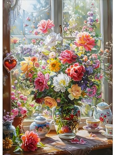 GDYEEH Bunte Blumen Diamond Painting Erwachsene, 5D Vase Diamant Kunst Bilder Anfänger, DIY Runder Vollbohrer Fenster Diamanten Malerei Stickerei Kreuzstich Geschenke Home Wand Dekor 30x40 cm